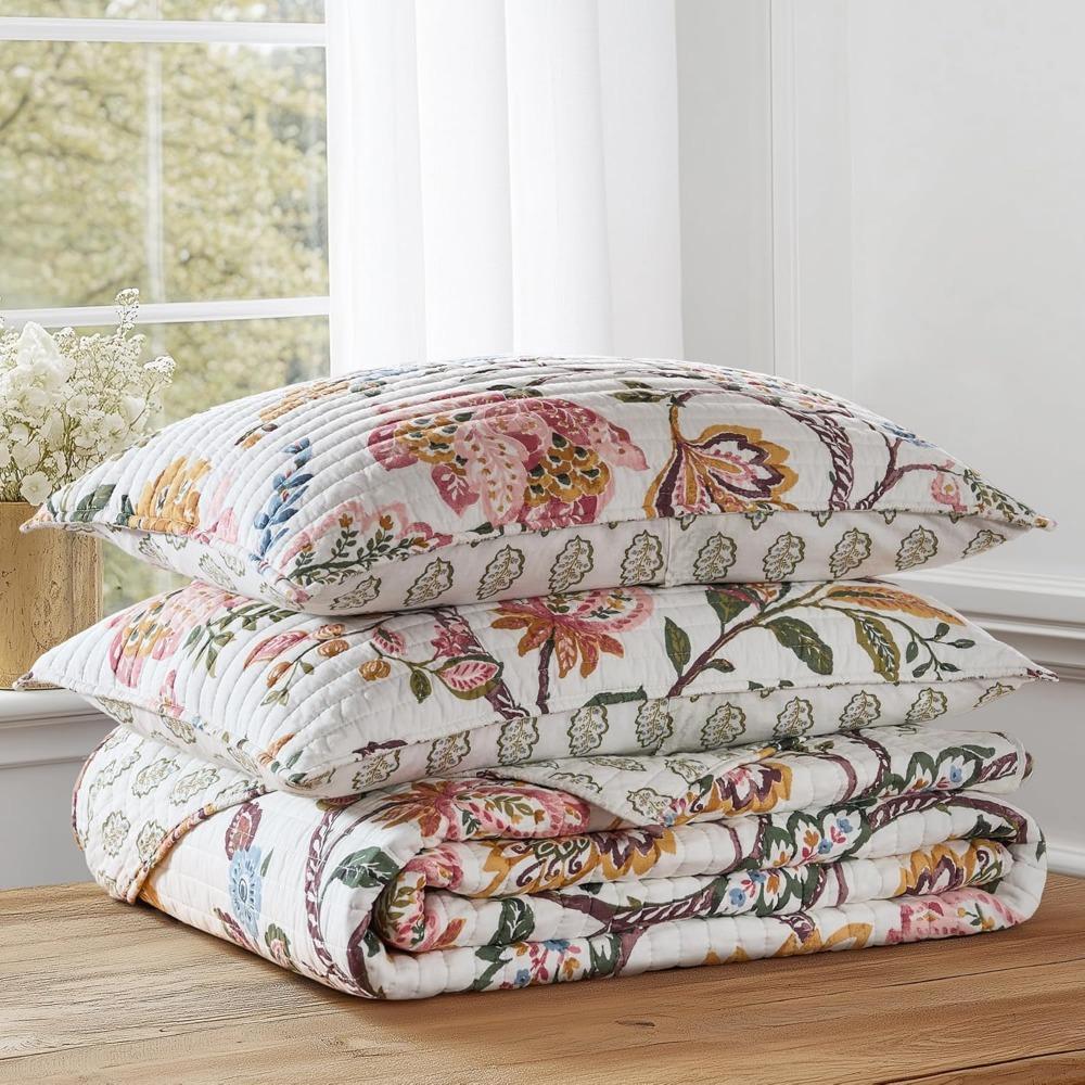 Floral Dusty Rose Quilt Set - Twin Size with Standard Sham - Ochre, Blue, Green, Brown Tones - Bedding Ensemble