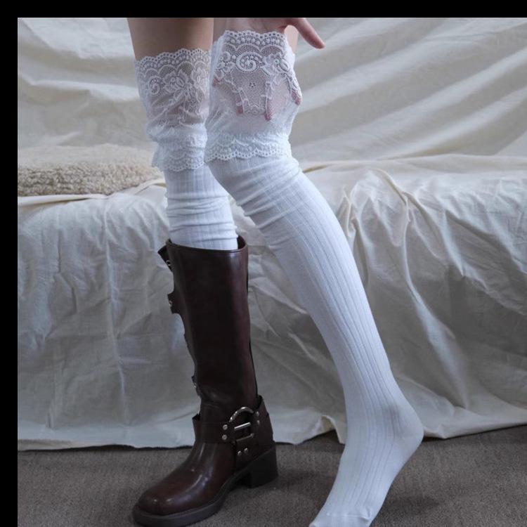 

Женские белые полосатые носки выше колена с кружевной отделкой - Нишевая мода длинные чулки Lace Over-the-Knee белый