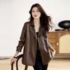 Suit Collar Leather Jacket Women's New Spring and Autumn Small Medium and Long Trench Coat Leather Jacket