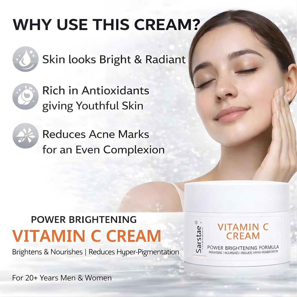 Sarstae Vitamin C Cream, Moisturiser, Power Brightening Formula I For Skin Radiance, Nourishment & Reducing Hyper Pigmentation | Day + Night Regimen