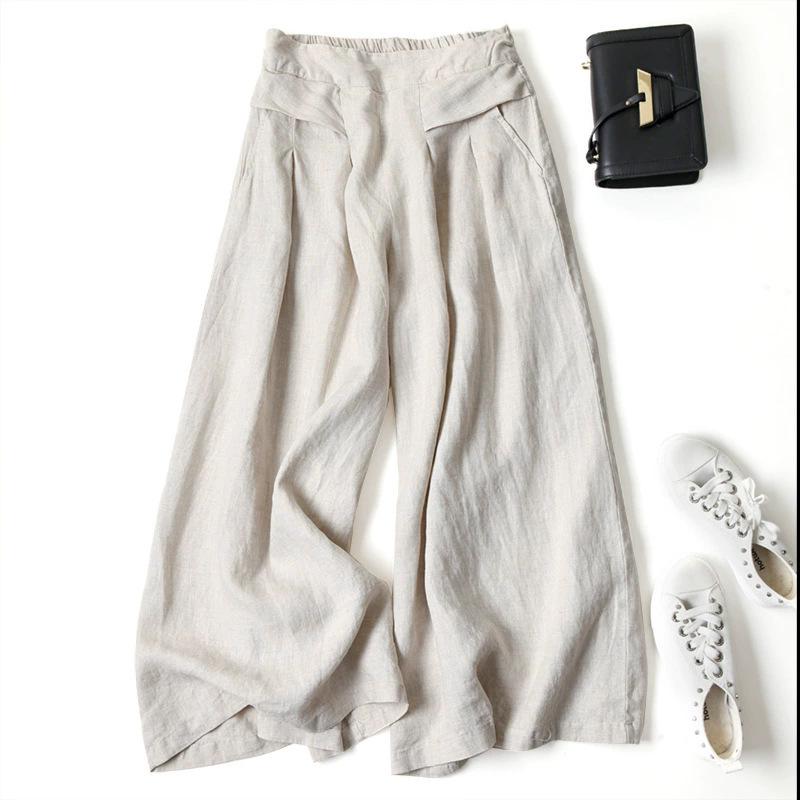 Women's Summer Cotton Linen Elastic Waist Wide-Leg Retro Pants