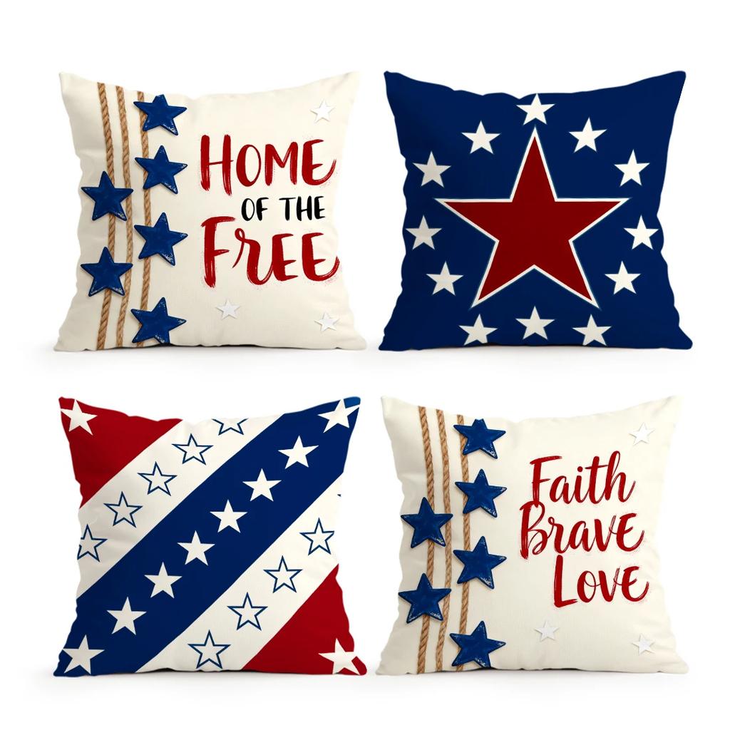 4Pcs 4Th Of July Star Hemp Rope Print Single-Sided Cushion Cover For Living Room Bedroom Car Home Decor