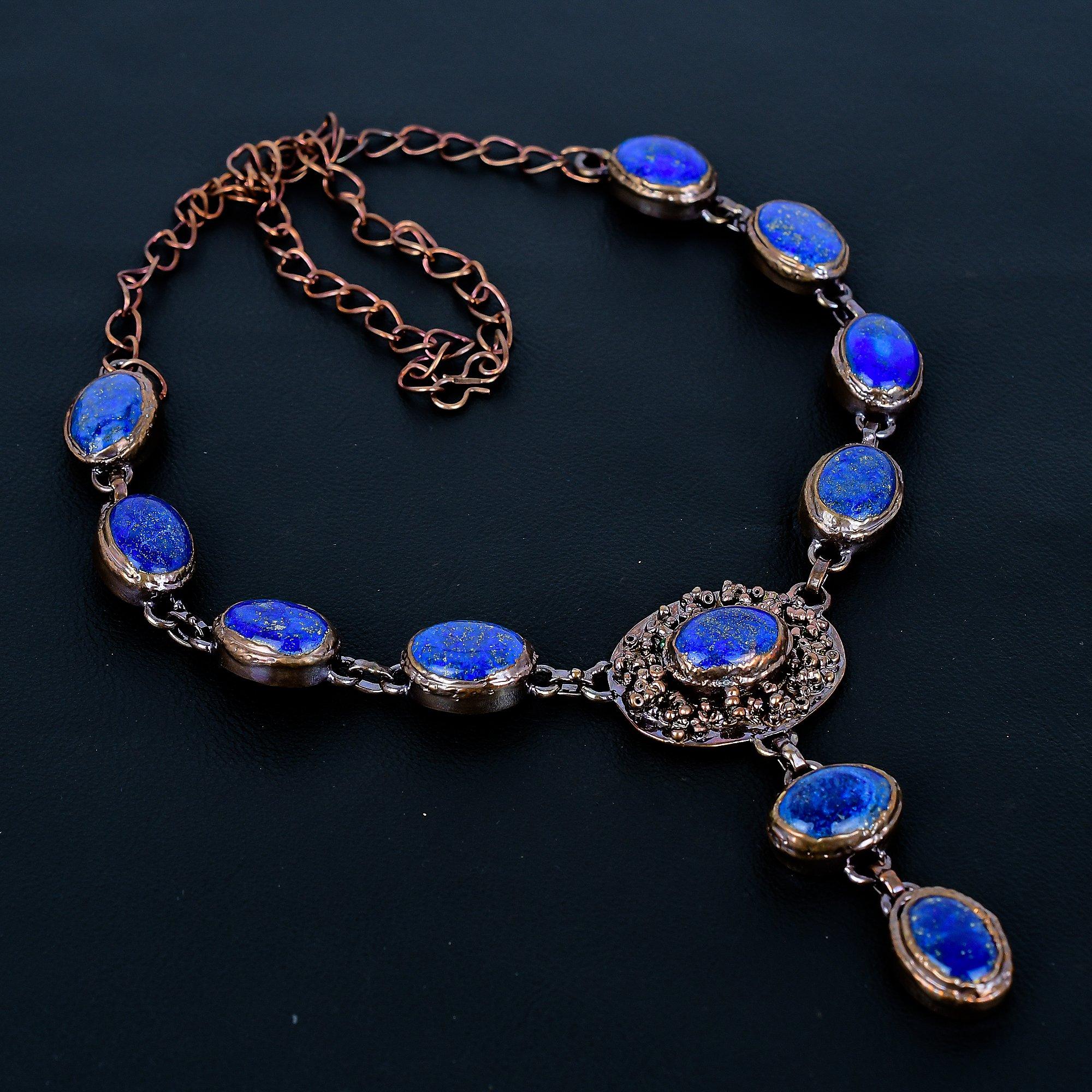 

Lapis Lazuli Necklace Handmade Jewelry, Copper Electroformed Necklace Designer Gemstone Jewelry Adjustable Chain Necklace Gift For Mom 2.55 Inches