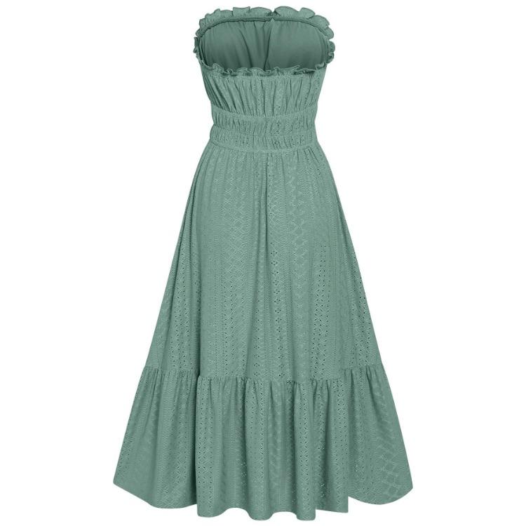 Summer Women Casual Sleeveless Strapless A-Line Dress High Waist Middle Long Solid Color One Collar Spring Dresses S-XL