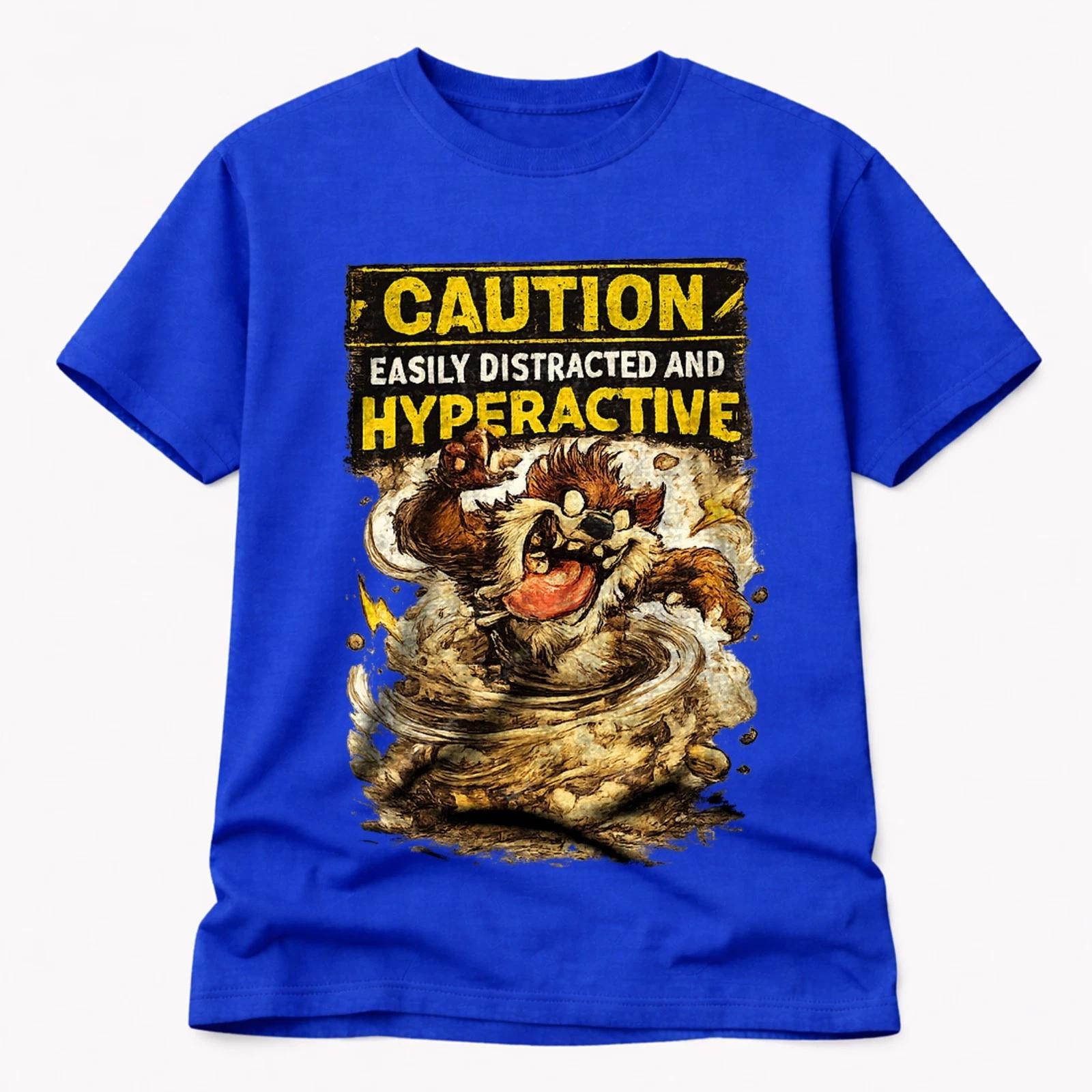 Funny Graphic T-Shirt – Caution Easily Distracted Hyperactive Cartoon Tee 3XL