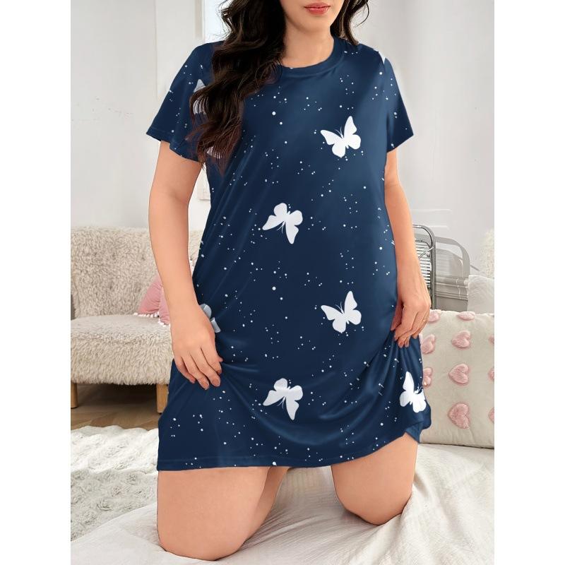 3D Print Dress Women's nightgown polka dot butterfly print short-sleeved large-size T-shirt going out & wearing women's pajamas at home