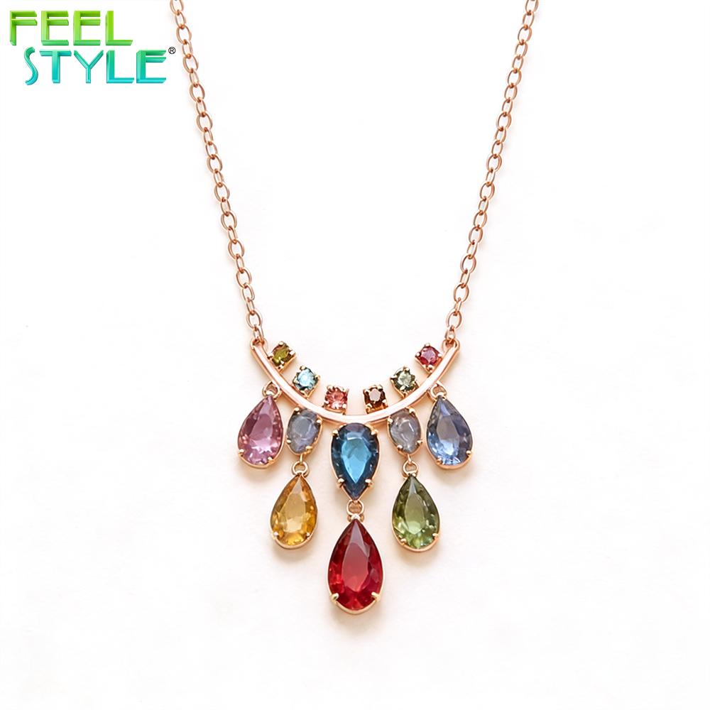 Rainbow Color Pear Cut Zircon Pendant Necklace Gold PVD 316 Stainless Steel Oval Link Chain Waterdrop Pendant Statement Necklace