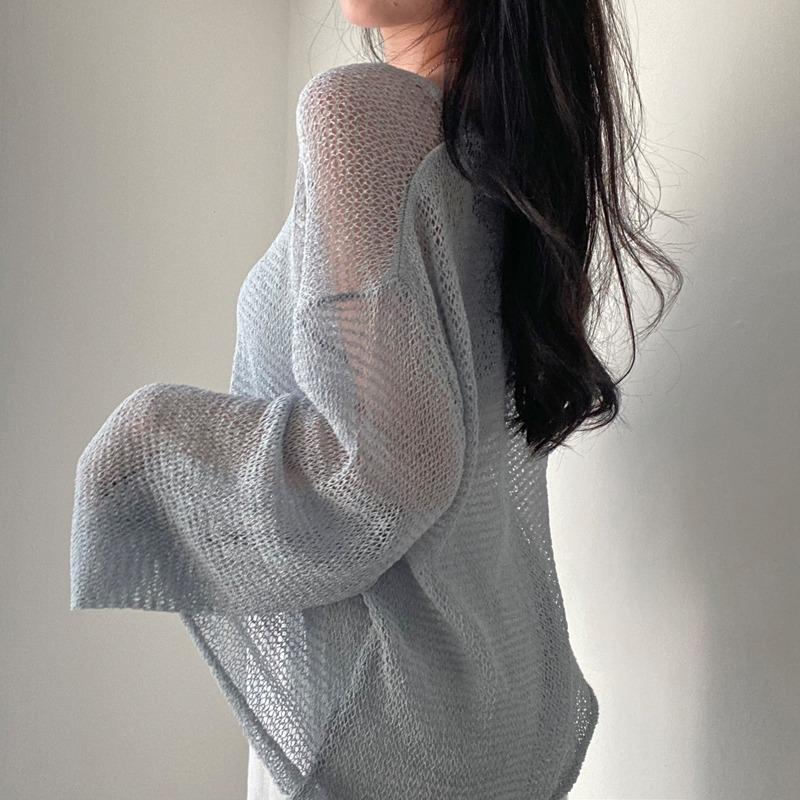 Spring Summer Long Sleeved Knitted Sunscreen Shirt See Through Retro Casual Simple Loose Hollow Out Thin Blouse V Neck Solid Color Top Clothing