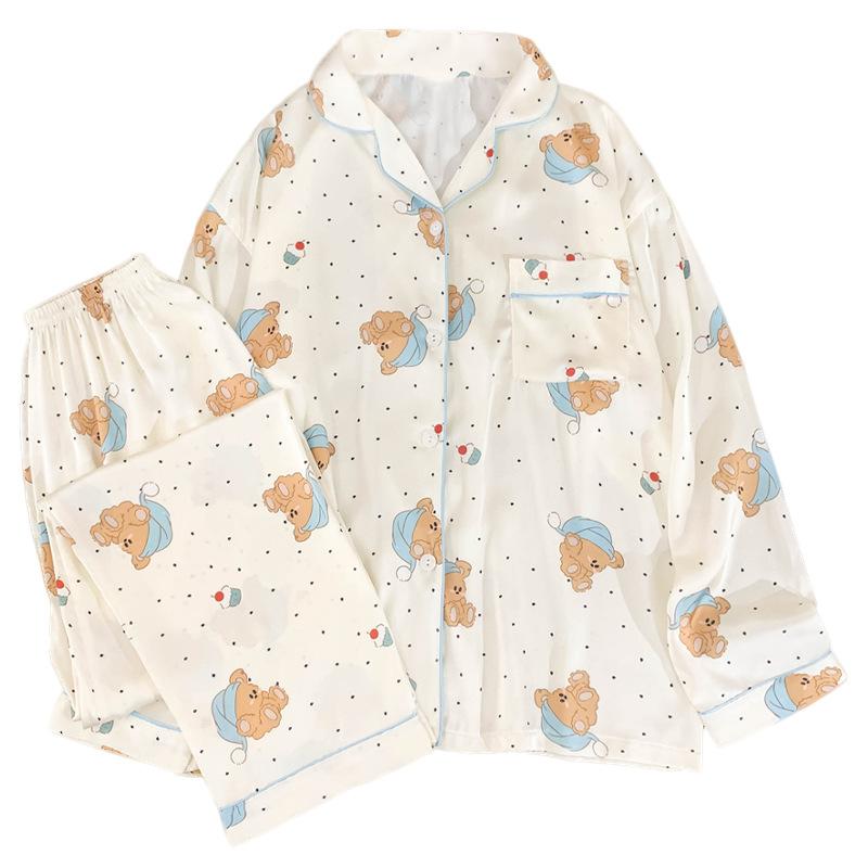French Polka Dot Bear Premium Ice Silk Pajamas Women'S Autumn Light Luxury Long-Sleeved Home Set