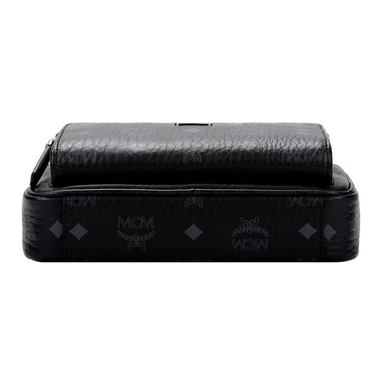 MCM Black Visetos Monogram Crossbody Camera Bag with Silver Logo Plate & Webbing Strap for Daily & Travel Use