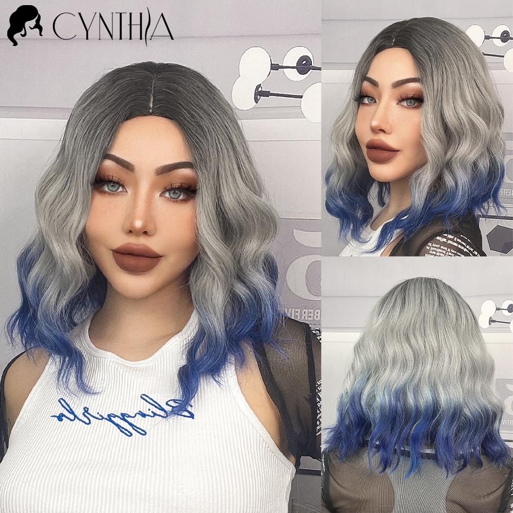 Ombre Blonde Short Bob Synthetic Wig For Women With Bangs White Gold Body Wave Cosplay Lolita Natural Heat Resistant Hair