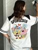 Cartoon SpongeBob Print T-shirts For Women Casual V-Neck Patchwork Short Sleeve Sports Football Jersey Loose Oversized