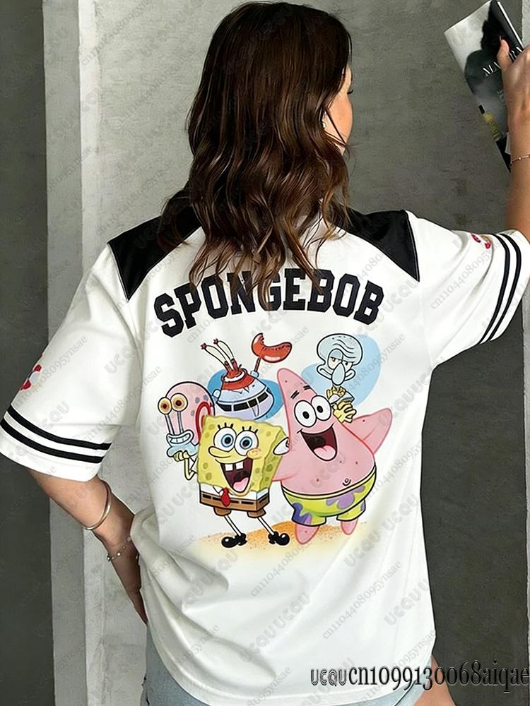 Cartoon SpongeBob Print T-shirts For Women Casual V-Neck Patchwork Short Sleeve Sports Football Jersey Loose Oversized
