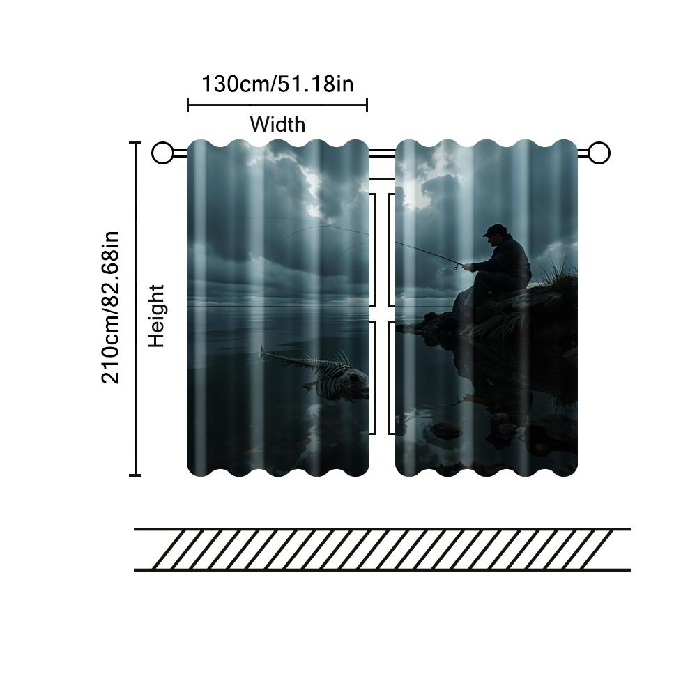 2 Pcs, Filtering Curtains (excluding Rods, Non-movable, Without Batteries) Fishing Enthusiast Skeleton Fish for Use In Bedrooms