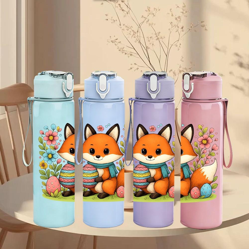 1PC Floral Easter Fox 750ml Color Plastic Sports Water Bottle Leakproof Flip Straw Lid Suitable for Sports Office Home Use