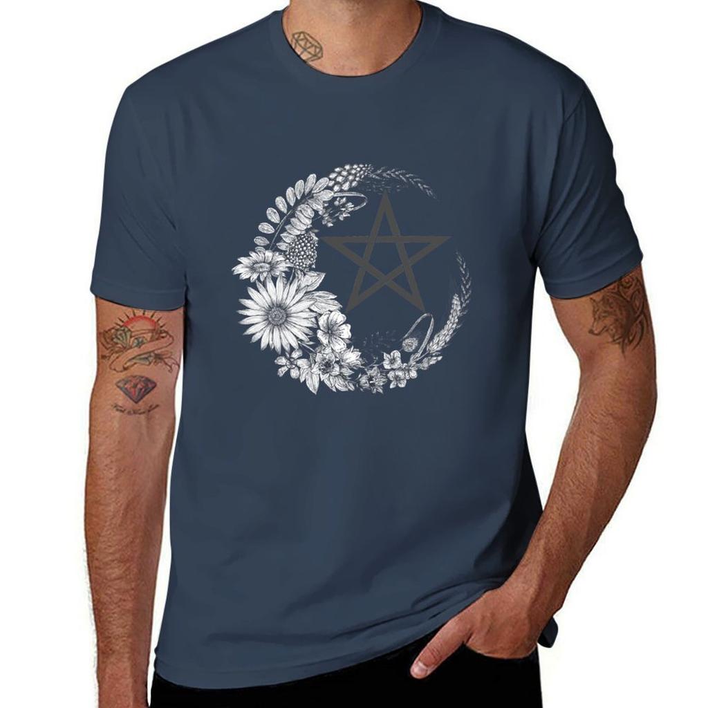 Pentagram with Flower Moon TShirt Fashion Casual Short Sleeve TShirt