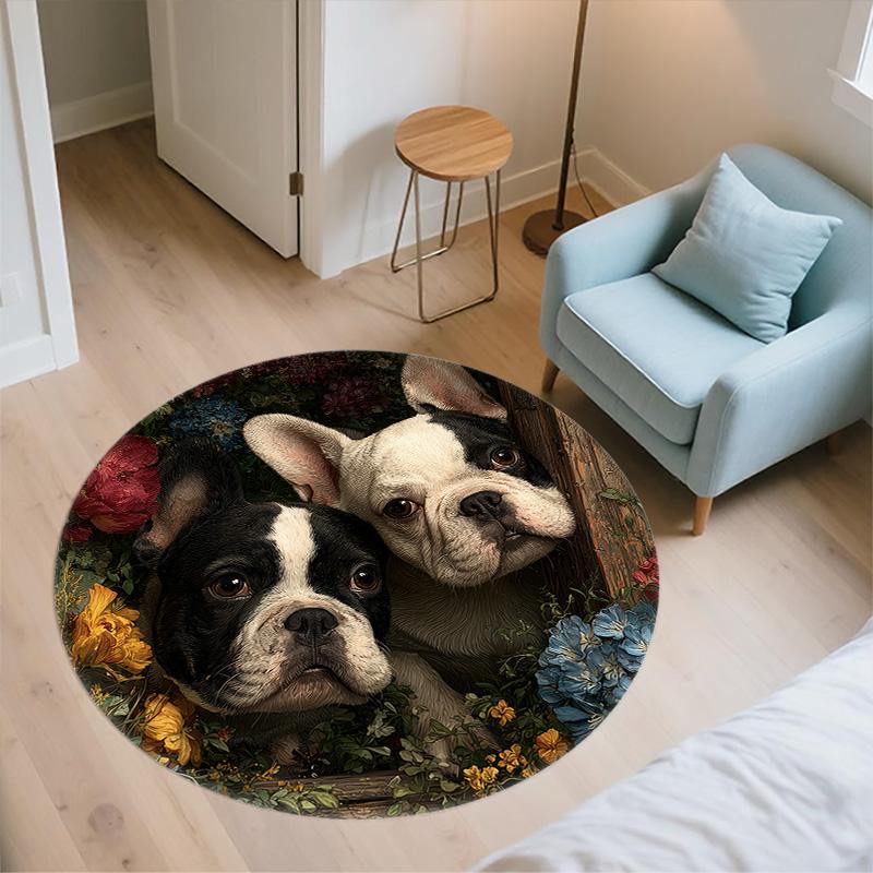 Door Frame Flower Dog,Round Area Rug,Carpet Rug for Living Room Bedroom Sofa Playroom Decor,Non-slip Floor Mat
