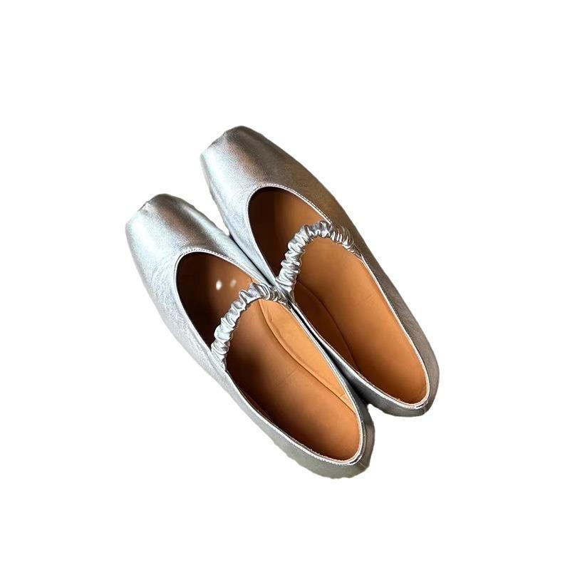 Spot cowhide version~ Silver leather square head pig nose light mouth single shoes women's flat soft sole ballet Mary Jane shoes