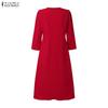 ZANZEA Women Casual Round Neck Solid Color 3/4 Sleeve Midi Dress