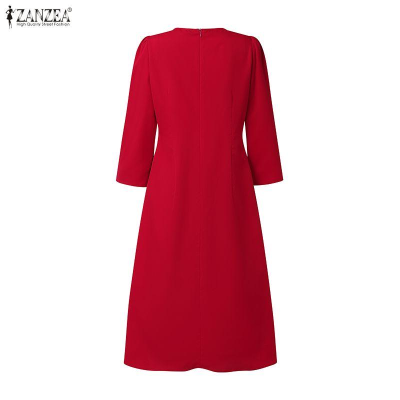 ZANZEA Women Casual Round Neck Solid Color 3/4 Sleeve Midi Dress