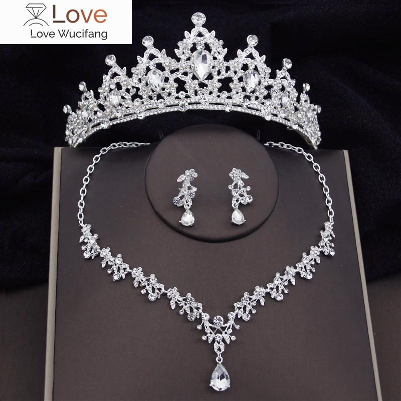 Barock Silberfarben Brautschmuck-Sets Krone Ohrringe Halsband Halskette Set für Frauen Hochzeitskleid Tiaras Brautschmuck-Set