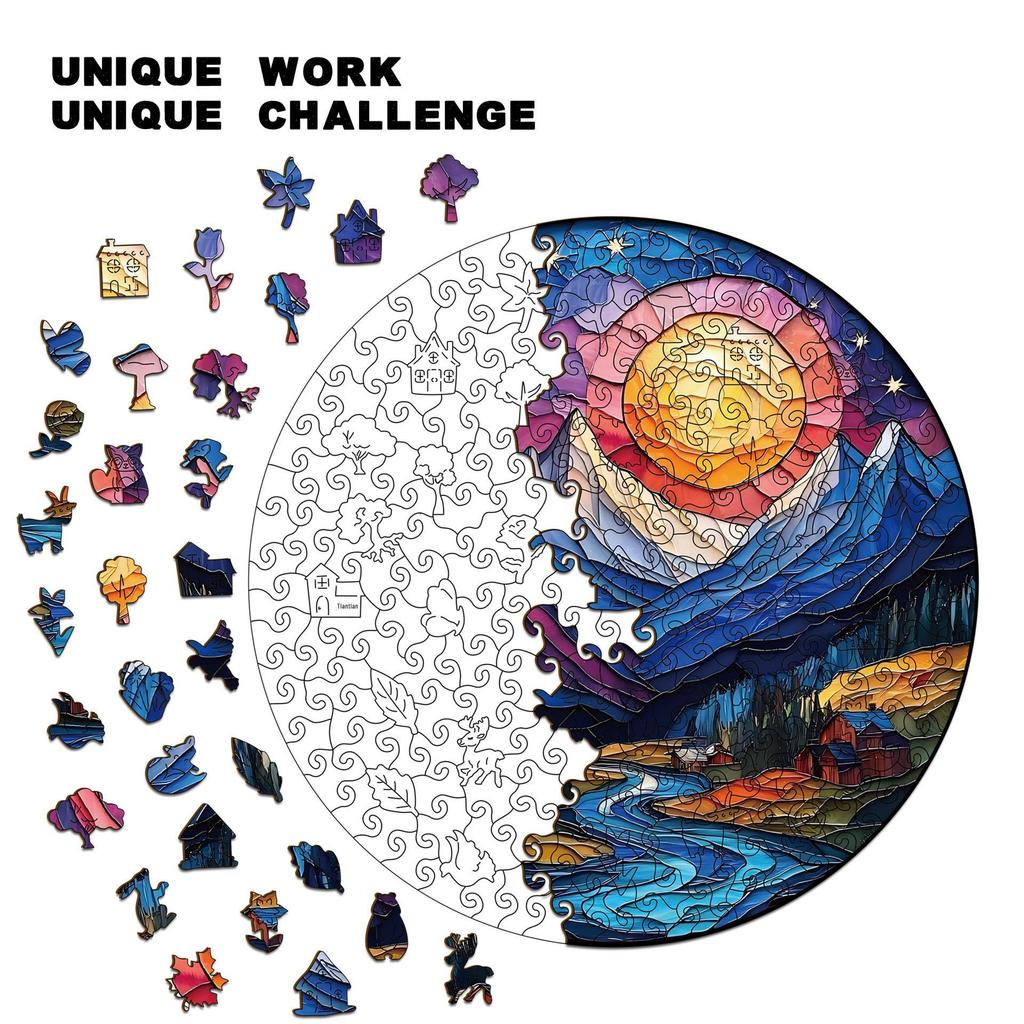 Wooden Mountain & River Jigsaw Puzzle: Unique Irregular Pieces, Piggy Bank Gift, Stress Relief Toy