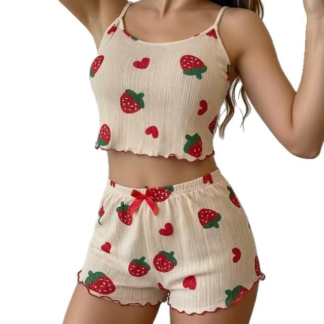 Striped Heart Lingerie Camisole & Shorts Pajama Set for Women - Summer Home Wear, Two-Piece