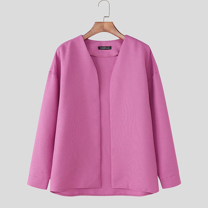 

INCERUN Men Collarless Long Sleeve Open Front Casual Loose Texture Coat Cardigan S розовый