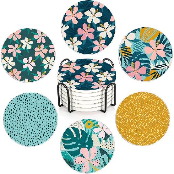 Drink Coasters with Holder,6 Pcs Moon Phases Absorbent Ceramic Coasters with Cork Base,Cute Funny Table Drinks Coasters,Table Home Decor,4 Inches