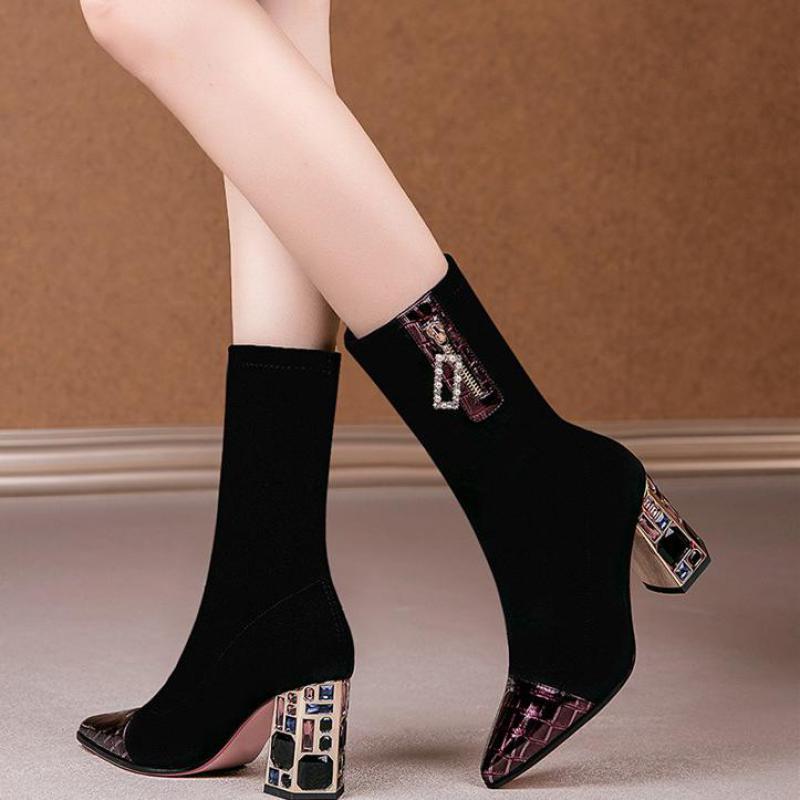 Damenstiefel Stoff High-Heel Herbst Sockenstiefel Damenmode Reißverschluss High-Heel Schuhe mit spitzer Zehe tragen
