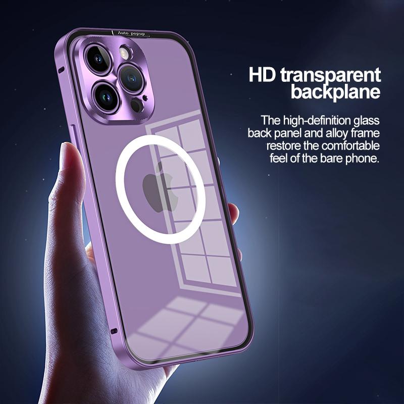 Aluminiumrahmen für kabelloses Laden, Aluminiumrahmen, magnetische Hülle für iPhone 15, 14, 13, 12 Pro Max, Objektivglas, schützende HD-transparente Rückwandplatine