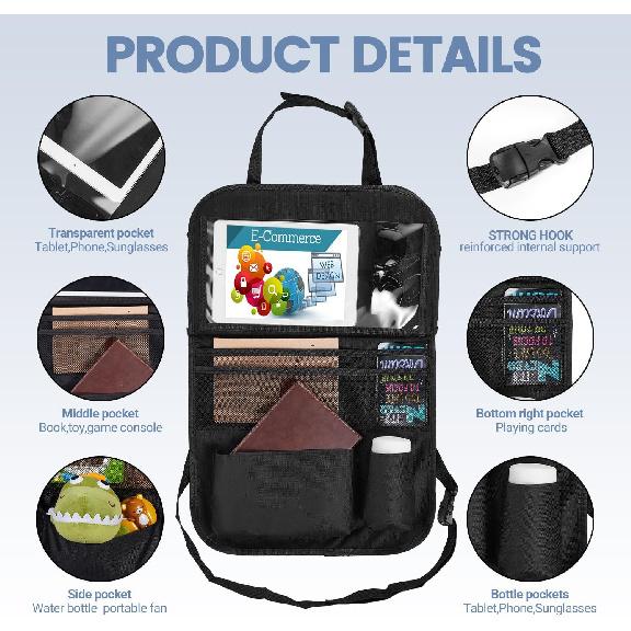 Back Seat Car Organizer with Tablet Holder, 6 Storage Pockets Car Storage Organizer with Foldable Food Tray, Car Seat Back Protectors Kids Car Kick