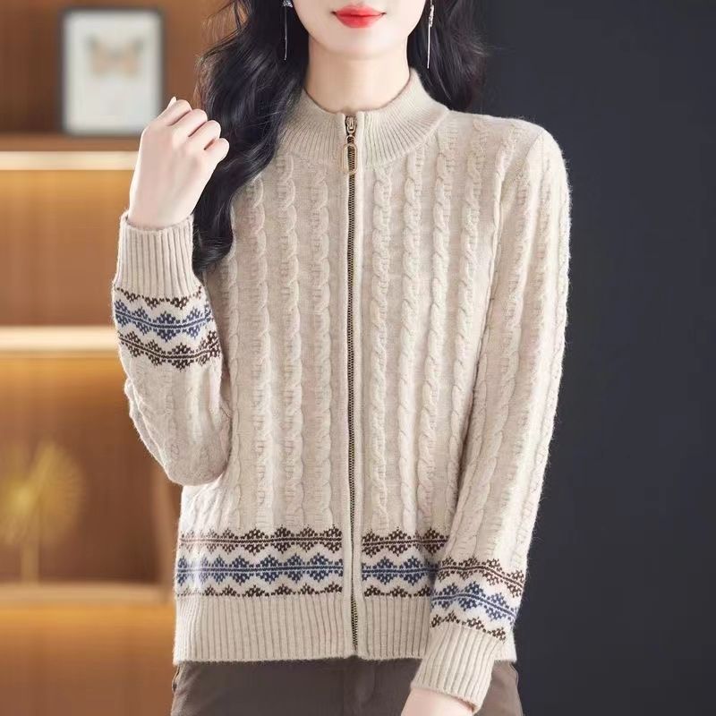Autumn Stand Up Collar Loose Knit Cardigan Jacket for Women New Style Middle-aged Mother Sweater