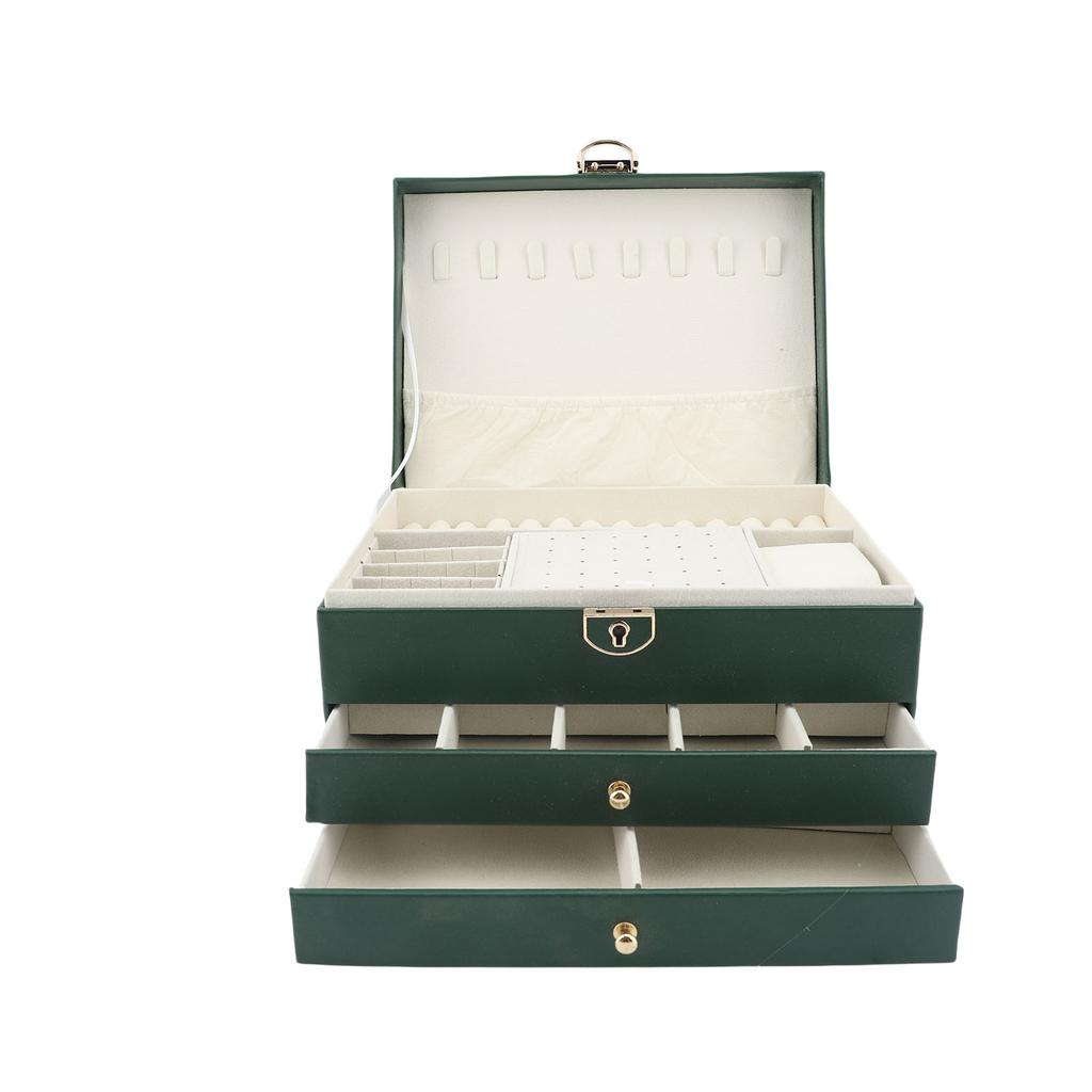 Jewelry Box 3 Layers PU Leather Jewelry Storage for Ear Necklace Bracelets Lockable with Key