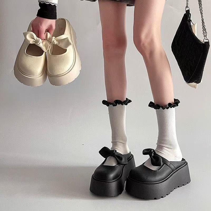 

Height-increasing thick-soled bow baotou half slippers outer wear summer new fashion versatile one-pedal shoes 40 чорний