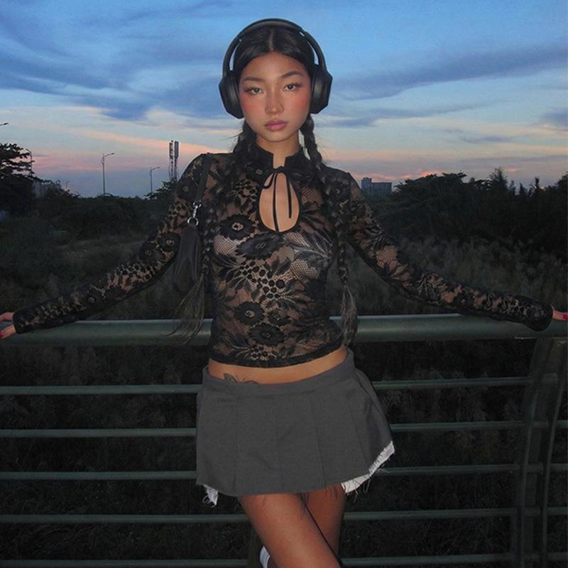 European & American Women's Sexy Lace See-through Long-Sleeve Top - Spring/Summer Fashion