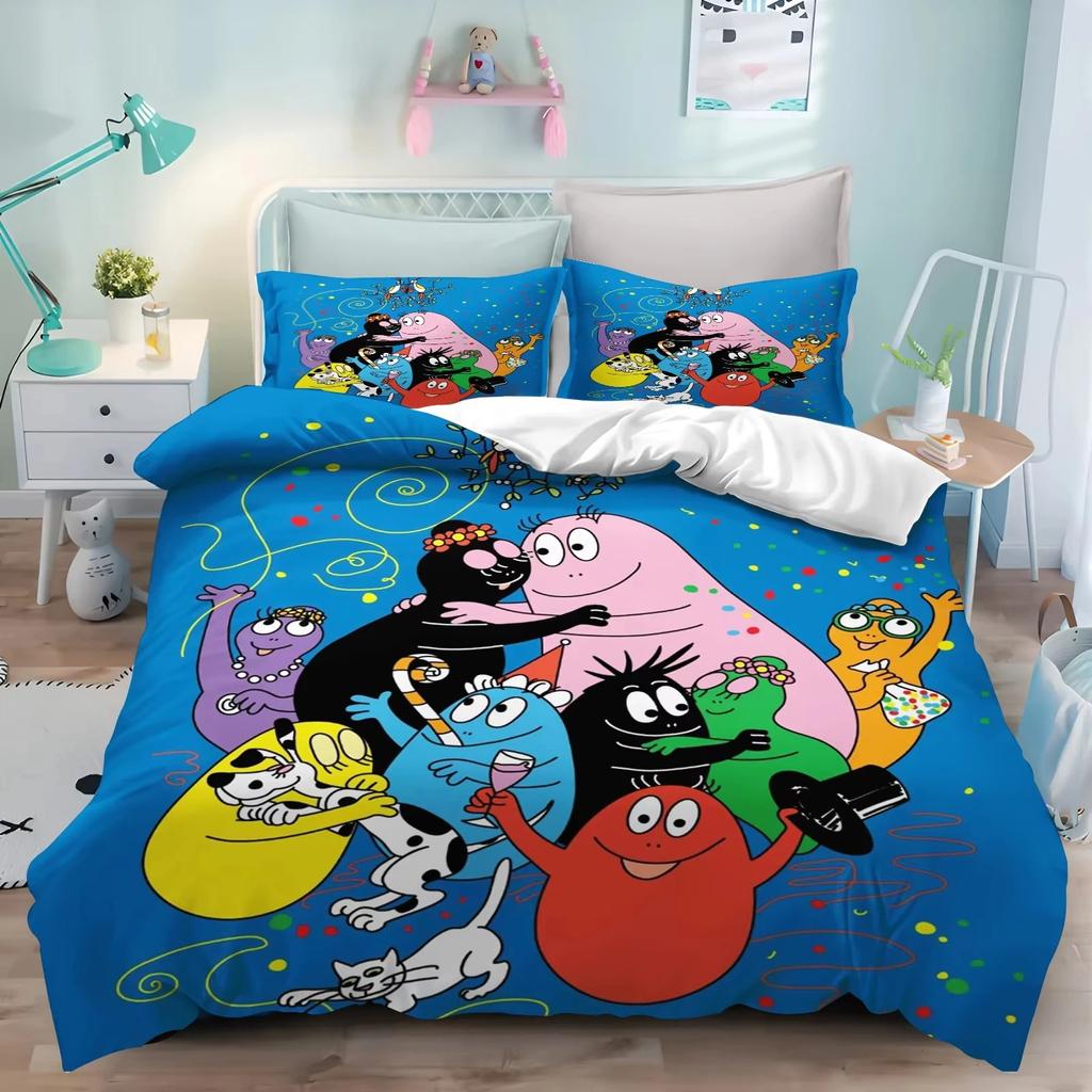 3D Cartoon L-Les B-Barbapapa Duvet Cover and Pillowcase, Double/King Soft Bedding Set,Home Bedroom Decor,Gift for Boys and Girls