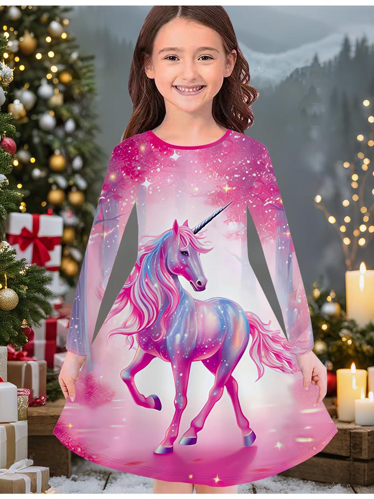 Vestido de Moda Outono e Inverno para Meninas, Vestido Camiseta Longo Infantil com Estampa de Unicórnio 3D, Casual Versátil, Roupa de Natal