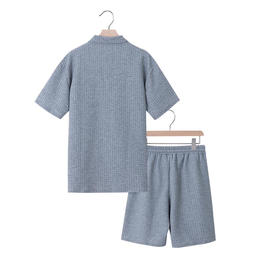 Men'S Solid Color Casual Collar Short Sleeved Shorts Two-Piece Set