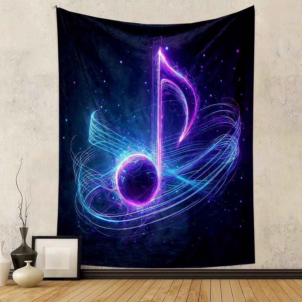 Neon Musical Note with Cosmic Glow Patterned Tapestry Decorative Wall Hanging, Home Bedroom Living Room Decor