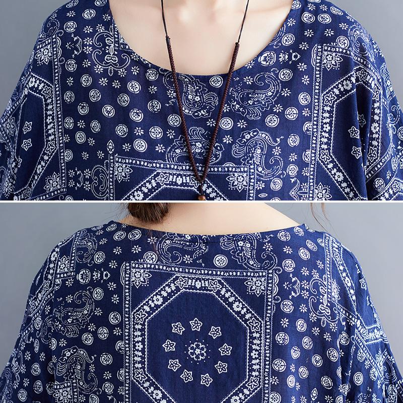 2025 Women Long Dress Summer New Literary Big Size Loose Printed Middle-aged and Elderly Broken Flower Short Sleeve Dress
