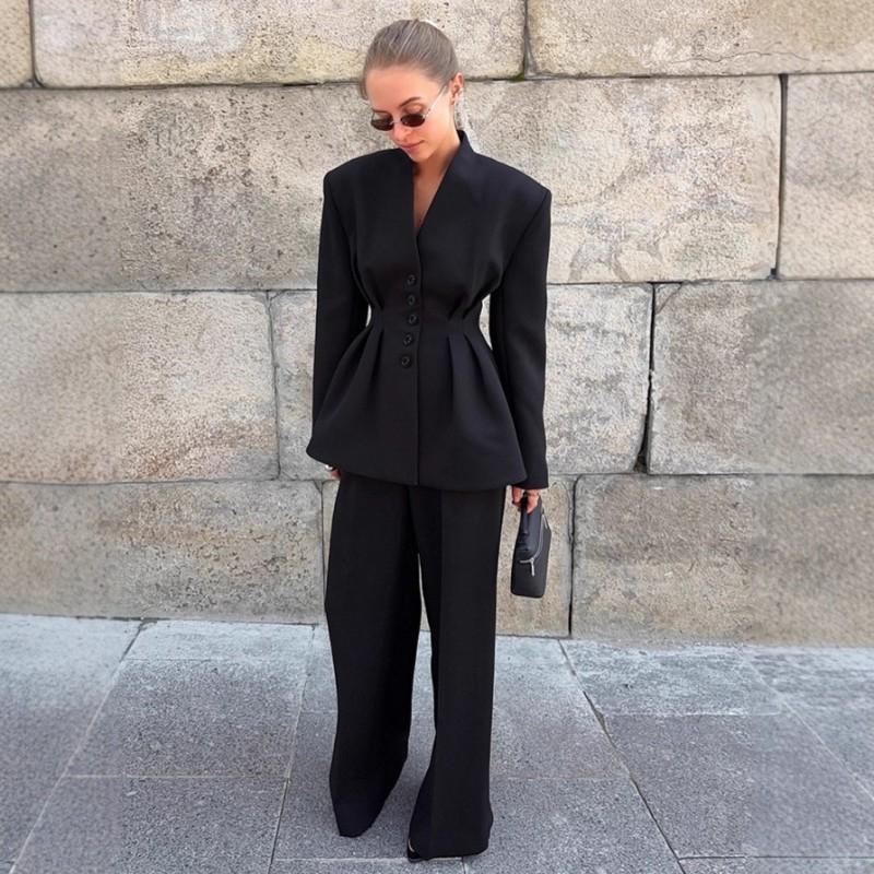 Womens 2026 Slim Fit 2-Piece Suit Set Office Workwear Blazer Pants Solid Color