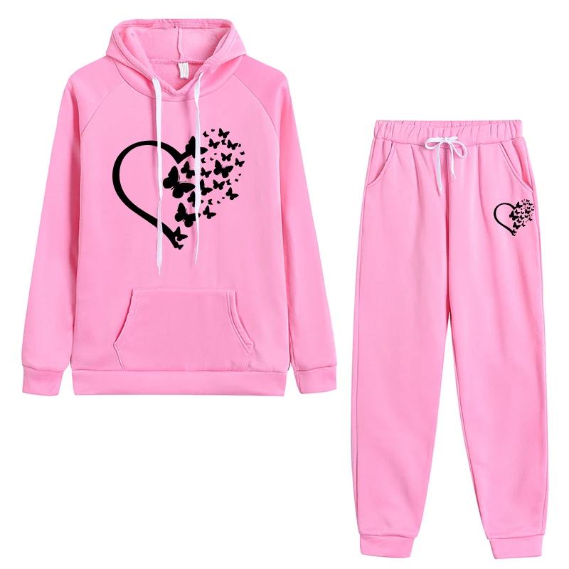 Heart Butterfly Printed Hoodies Sweatpants High Quality Ladies Daily Casual Sports Jogging Suits Autumn Winter Warm Soft Outfits