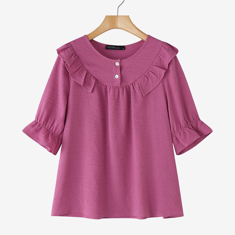 

ZANZEA Женская повседневная блузка с круглым вырезом, однотонная, свободного кроя, с рукавом до локтя 3XL фиолетовый