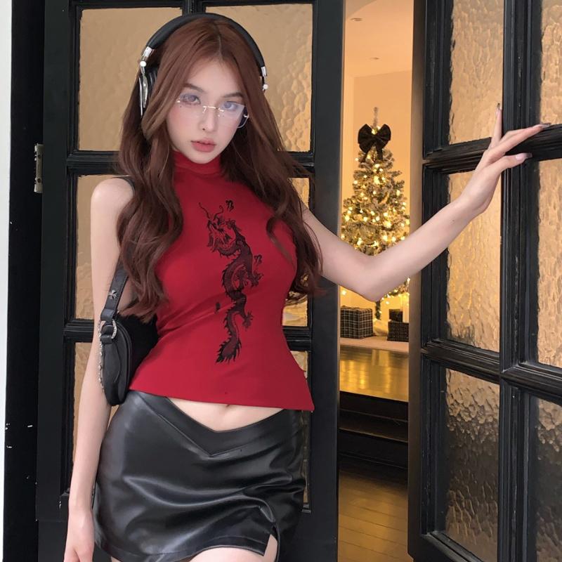 Summer Retro Print Turtleneck Tank Top Women Hotsweet Sleeveless Slim Camisole