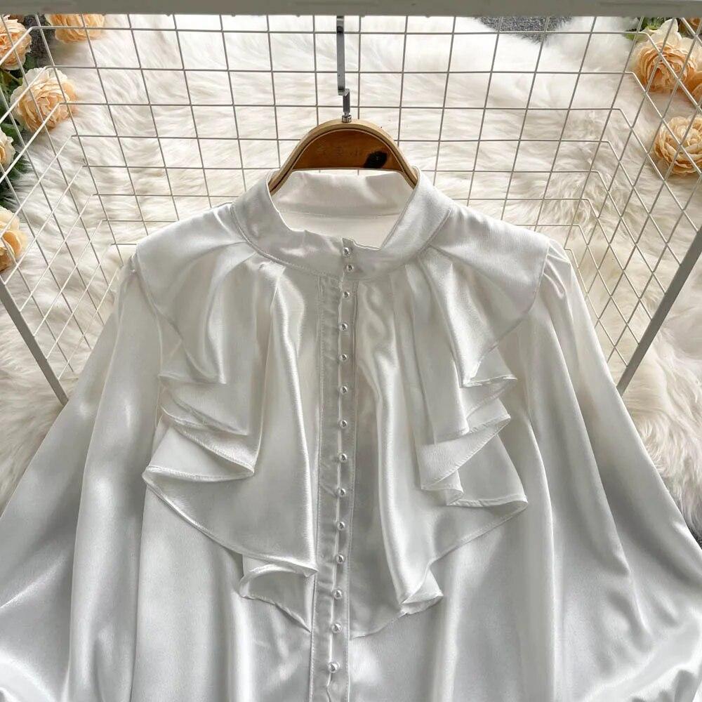 Satin Loose Shirt Long Flared Sleeves Ruffles O Neck Beading  Women Gentle Office Lady Casual Blouse