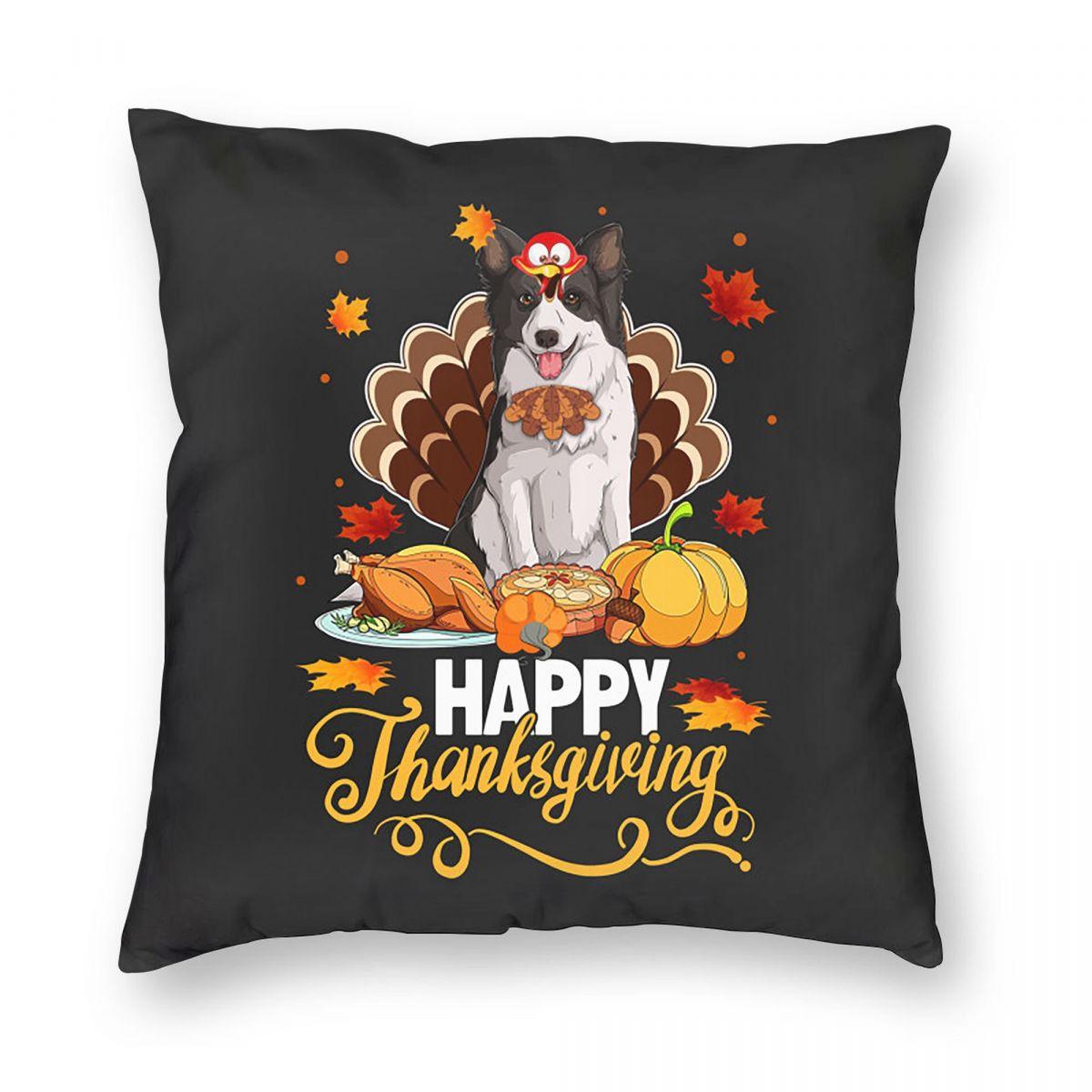 Dog Lovers Border Collie Turkey Happy Thanksgiving Square Pillowcase Pillow Cover Cushion Decor Comfort Throw Pillow for Home 12x12Inch