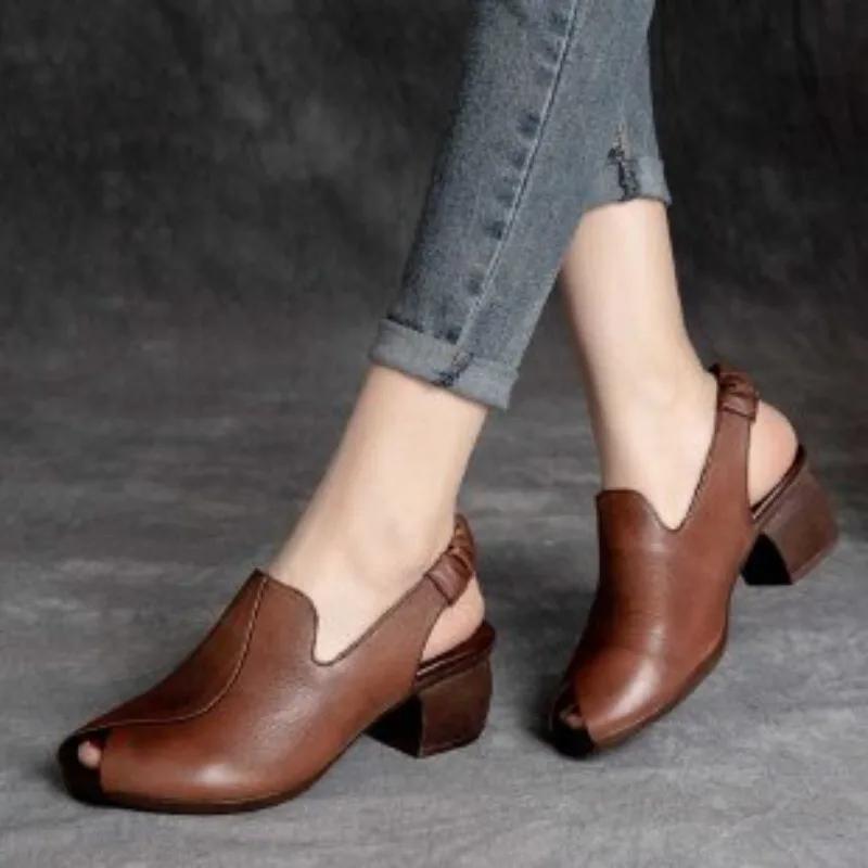 Thick-heeled Soft Leather Outer Slippers Fish Mouth Comfortable Versatile Mid-heeled Women Sandals Women's Mother's Shoes Women