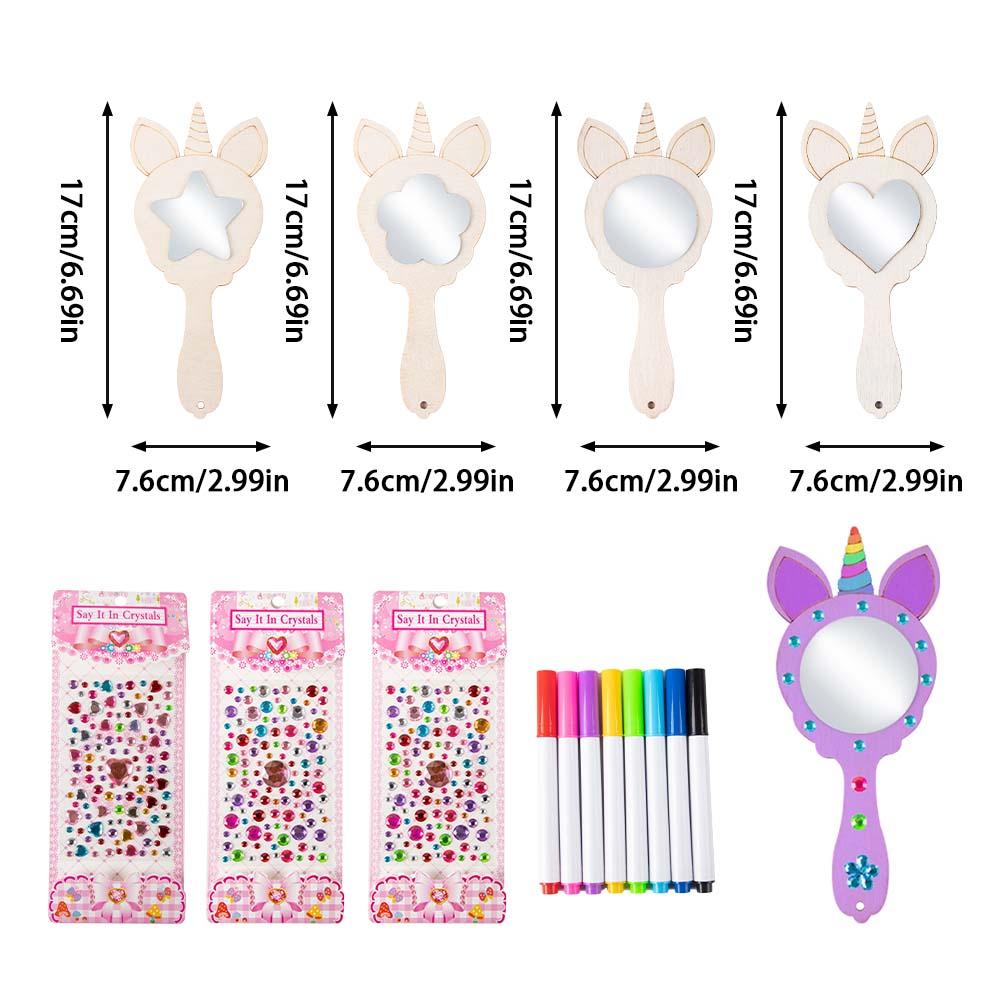 1set DIY Unfinished Wooden Princess Mirror Crafts Mermaid Unicorn Butterfly Shaped Blank Mini Handheld Mirror Kids Makeup Toy