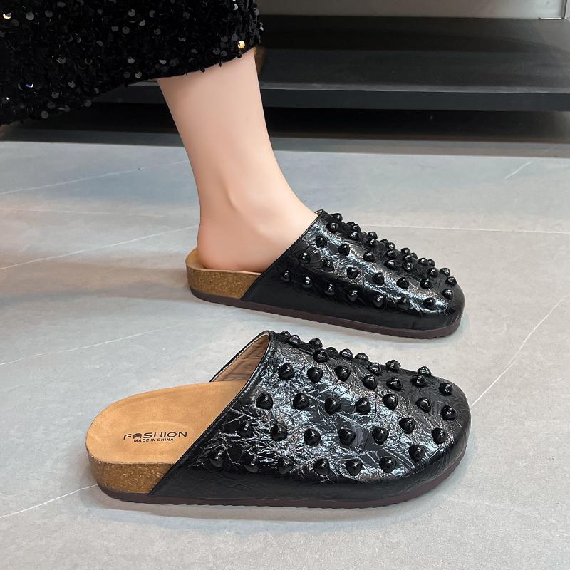 Fashion Low Heel Flat Bottom Baotou Breathable Slippers Women's Summer New Round Toe Shallow Rivet Lazy Slip-on Slip-on Shoes
